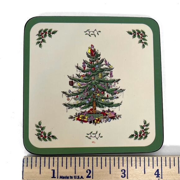 Pimpernel Square Christmas Tree Coasters 6 Cork Backs 4" x 4" Holiday Tableware - Picture 6 of 7